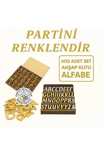 Partini Renklendir Gold Pleksi Alfabe, 600 Adet, 30 Çeşit, Yapışkanlı, Her Harf 20 Adet Ahşap Kutu Seti