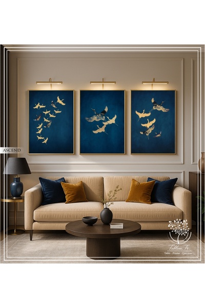 Tablomtr Ascend - Dijital Baskılı Gold Metal Çerçeveli Gerçek Camlı 3'lü Dekoratif Tablo