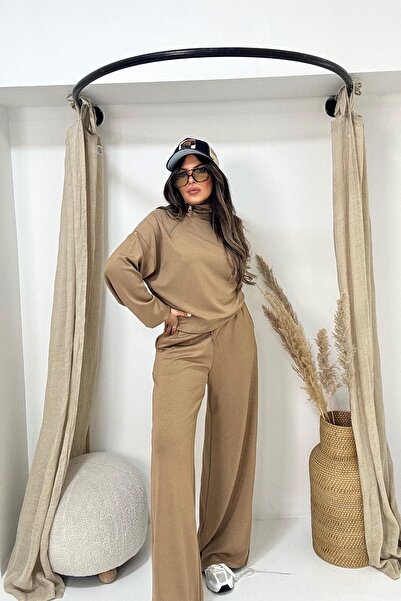 Sohotique By P Modal Fabric Collar Zippered Tracksuit Set Beige