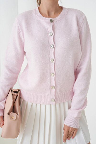 Park Karon Women's Pink Crew Neck Button Detail Soft Textured Knitwear Cardigan 8559