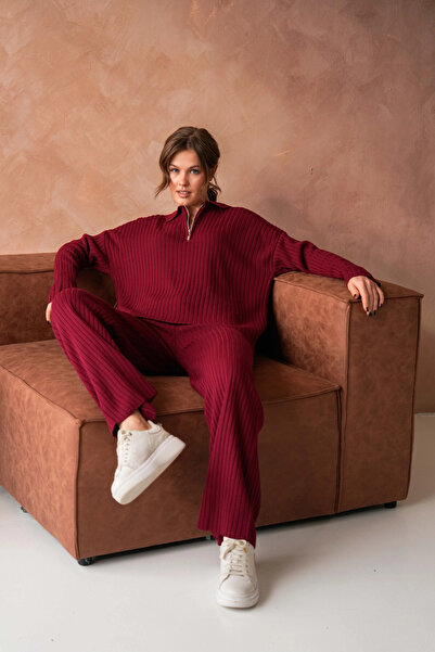 Park Karon Women's Burgundy Polo Neck Oversized Sweater Pants Knitwear Top-Bottom Set 10955