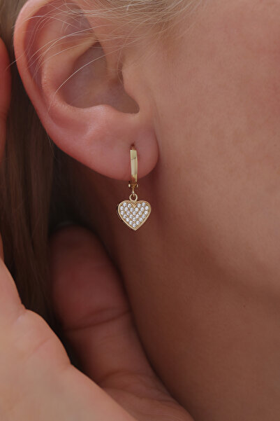 YAVUZ KUYUMCULUK 14 Ayar Altın Halka Taşlı Kalp Küpe