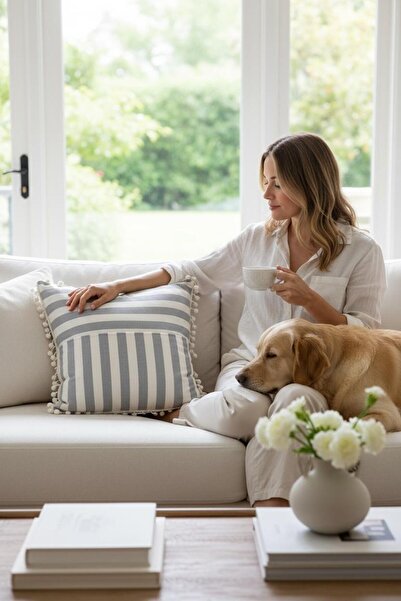 ANJEAHOME Moselle White & Gray Striped Pompon Detailed Throw Pillow Cover | 40X40 cm |   Washable Fabric, Stylish Design