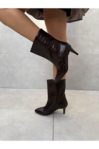 Elvinin Tarzı Cara Acı Kahve Croco Thin Heeled Short Boots