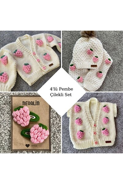 NEVALİN El Örgüsü Hediyelik 4'lü Set Pembe Çilek Detaylı Hırka Yelek Atkı Ber...