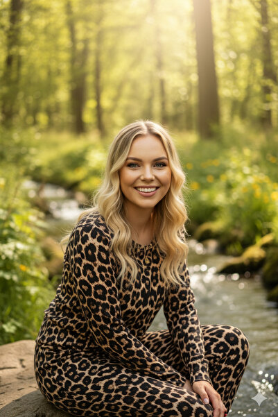 Miss Meryem Leopar Ring Viskon Desenli Uzun Kol Pijama Takım