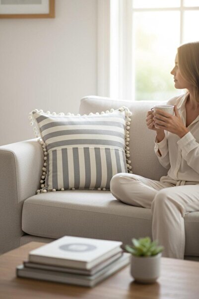 ANJEAHOME Moselle White & Gray Striped Pompon Detailed Throw Pillow Cover | 40X40 cm |   Washable Fabric, Stylish Design
