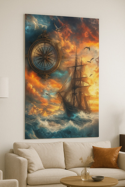 BLT DİZAYN Ocean Waves and Ship's Compass Modern Glass Painting