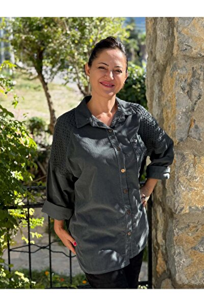 Punta Otantik Yg11439 Italian Velvet Shirt with Shoulder and Pocket Detail Smoked