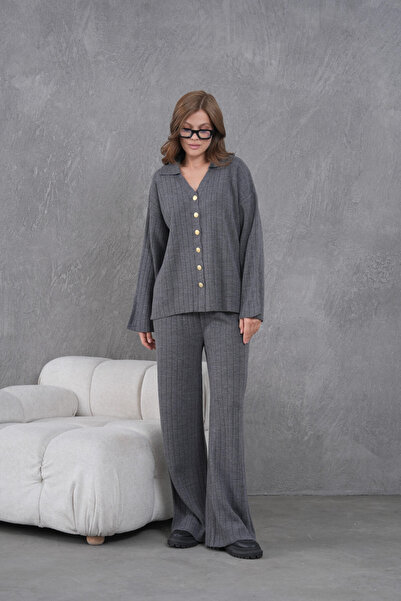 Park Karon Women's Anthracite Self-Textured Button Sweater Pants Knitwear Top-Bottom Set 12287
