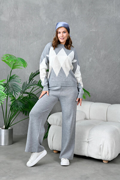Park Karon Women's Grey Crew Neck Argyle Sweater Pants Knitwear Top-Bottom Set 214076