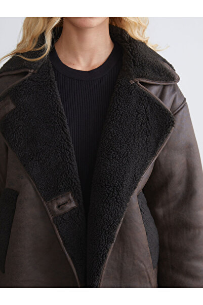 LC Waikiki Xside Brown Plush Biker Collar Women's Suede Coat