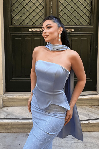 giyimmasalı Satin Fabric Lace Detailed Evening Dress - Baby Blue