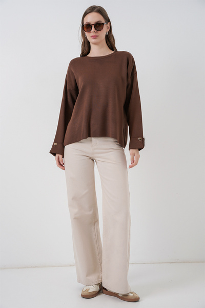 Bigdart Women's Cuffed Oversized Knitwear Sweater 15981 - Brown