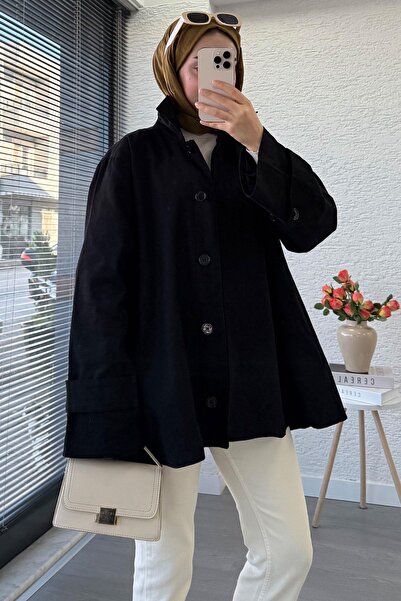 MELEK ARAZ Преміум-пальто з гудзиками спереду, оверсайз, габардин – чорне