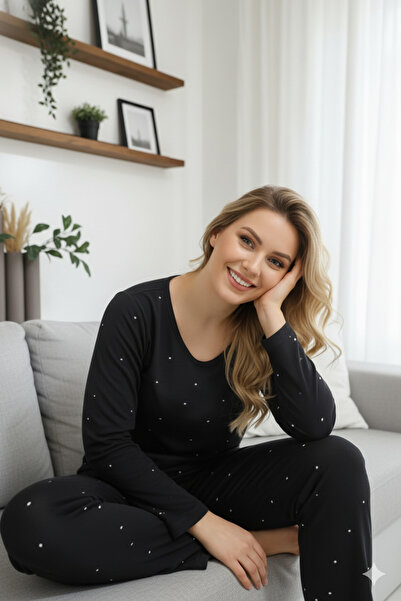 Miss Meryem Siyah Ring Viskon Puan Desenli Uzun Kol Pijama Takım