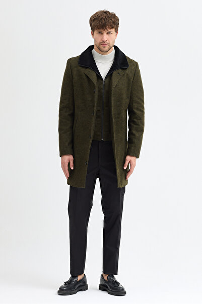 Frappoli Ανδρικό παλτό Lino χακί, πολύ χοντρό, με φερμουάρ, εσωτερικά με λεπτή γούνα, μοτίβο Sl εφαρμοστό aşe