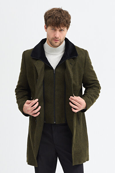 Frappoli Ανδρικό παλτό Lino χακί, πολύ χοντρό, με φερμουάρ, εσωτερικά με λεπτή γούνα, μοτίβο Sl εφαρμοστό aşe