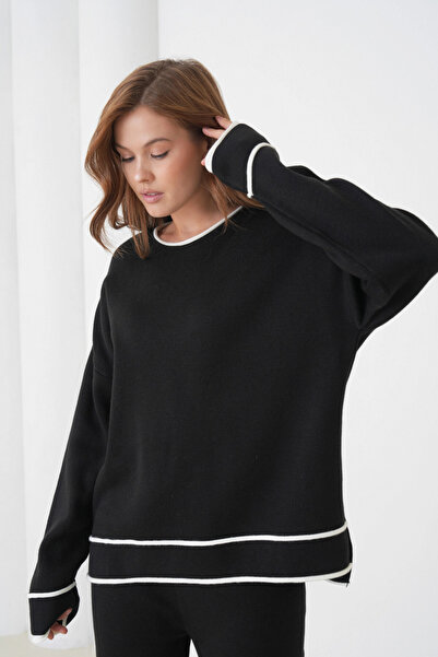 Park Karon Women's Black Crew Neck Oversized Sweater Pants Knitwear Top-Bottom Set 12352