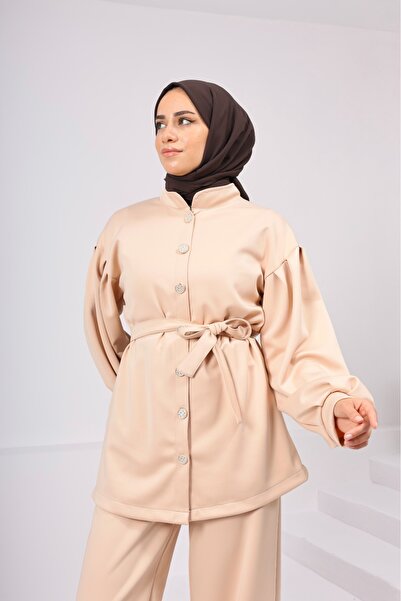 onlymoon Beige Scuba Fabric Top and Bottom Set ♦   Full Buttoned ♦   With a Belt ♦   Women's Hijab Set ♦   Modern Comfortable Fit