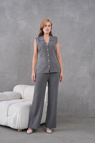 Park Karon Women's Anthracite Shirt Collar Buttoned Vest Palazzo Pants Knitwear Top-Bottom Set 12243