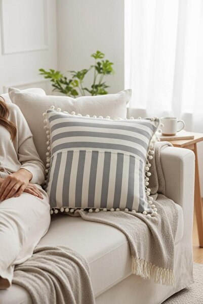 ANJEAHOME Moselle White & Gray Striped Pompon Detailed Throw Pillow Cover | 40X40 cm |   Washable Fabric, Stylish Design