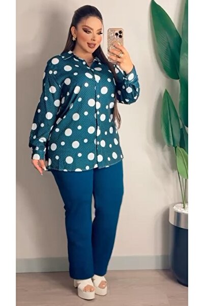 BONİTA FASHİON New Season Plus Size Polka Dot Relaxed Fit Blouse and High Wai...