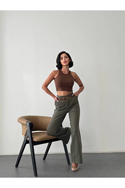 Misscix Kadın Haki Rengi Katlama Detaylı Bol Pantolon