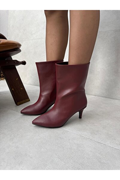 Elvinin Tarzı Cara Cherry Leather Thin Heeled Short Boots