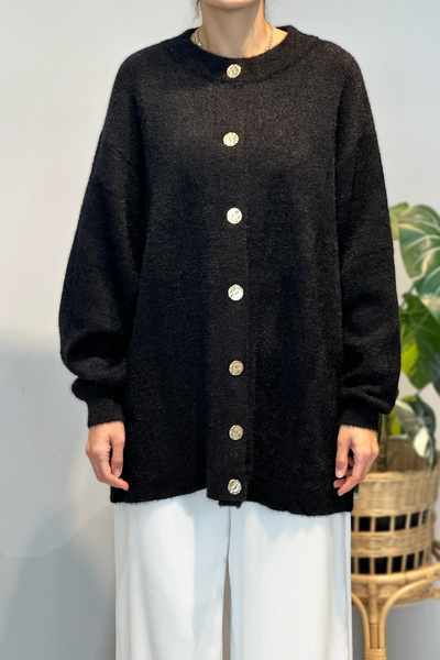 Lale Butik Gold Button Detail Cardigan 25008 Black
