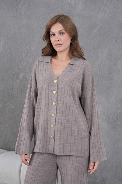 Park Karon Women's Mink Self-Textured Button Sweater Pants Knitwear Top-Bottom Set 12287