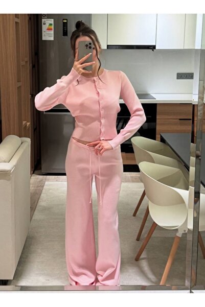 vişneli Pembe Triko İkili Takım – Hırka & Pantolon