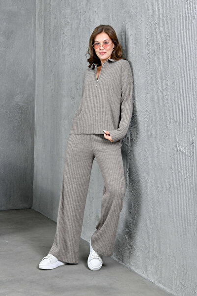 Park Karon Women's Mink Polo Neck Oversized Sweater Pants Knitwear Top-Bottom Set 10955