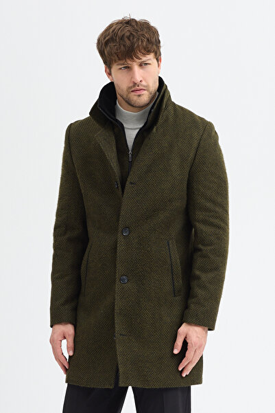 Frappoli Ανδρικό παλτό Lino χακί, πολύ χοντρό, με φερμουάρ, εσωτερικά με λεπτή γούνα, μοτίβο Sl εφαρμοστό aşe