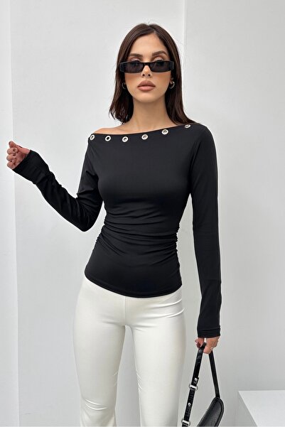 New Now Str Metal Hole Asymmetric Blouse