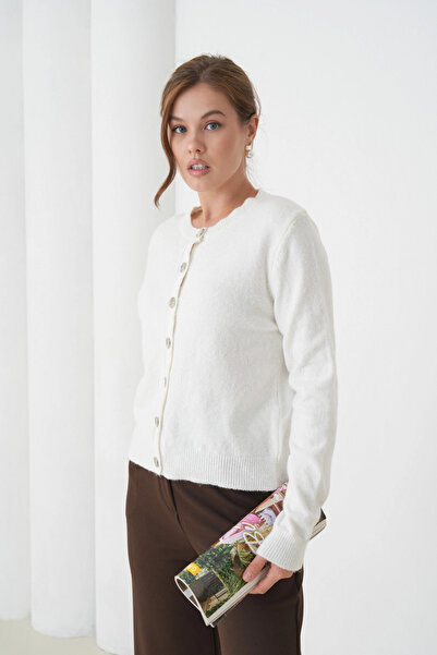 Park Karon Women's Bone Cycling Collar Button Detail Soft Textured Knitwear Cardigan 8559