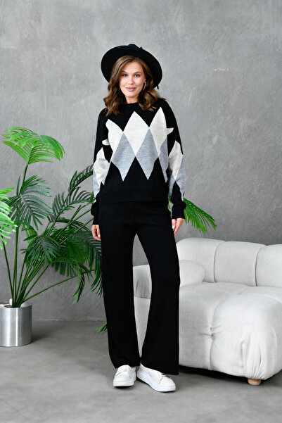 Park Karon Women's Black Crew Neck Argyle Sweater Pants Knitwear Top-Bottom Set 214076