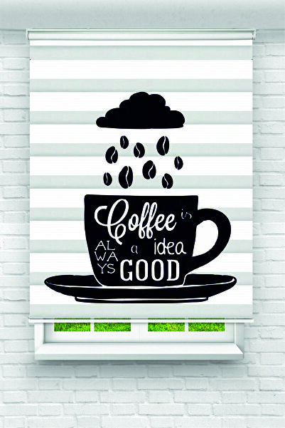 Yznhome Yağmur Bulutu ve Kahve Fincanı Desenli Siyah Zebra Perde – YZN-1019