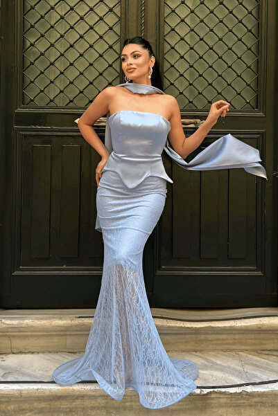 giyimmasalı Satin Fabric Lace Detailed Evening Dress - Baby Blue