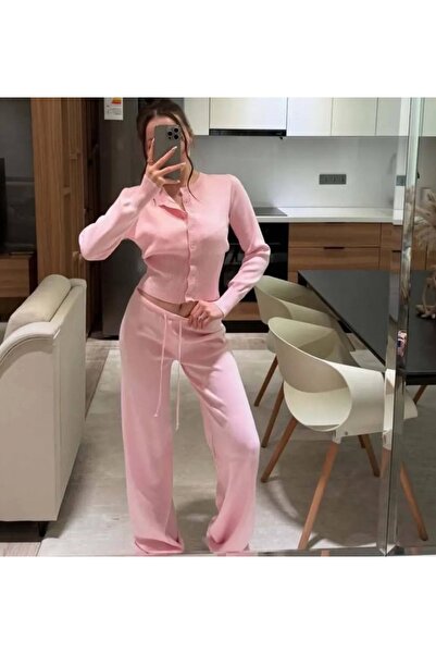 vişneli Pembe Triko İkili Takım – Hırka & Pantolon