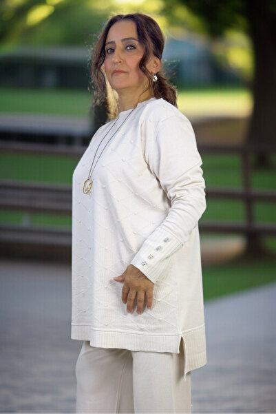 yagmurberen Baklava Patterned Polka Dots Stone Detail Tunic with Elastic Waist Pants Plus Size Merceerized Set