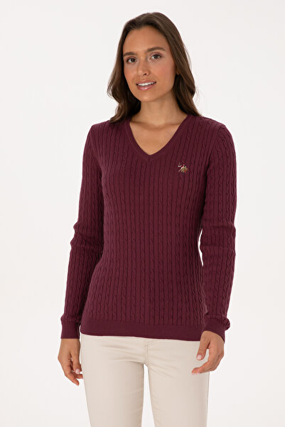 U.S. Polo Assn. Women's Burgundy Sweater With V-Neck And Cable Texture