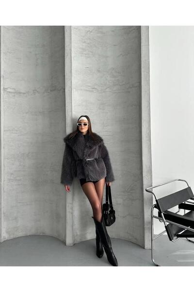 TRİNİTY كريم نسائي فرو صناعي معطف من الفرو الصناعي - أنثراسايت