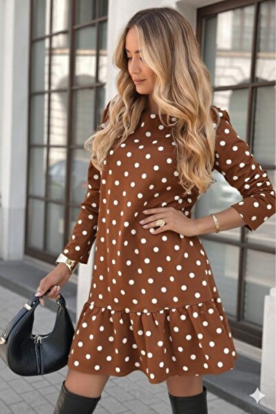TBL DEKOR Women's Long Sleeve Crew Neck Ruffled Polka Dot Short Modal Dress