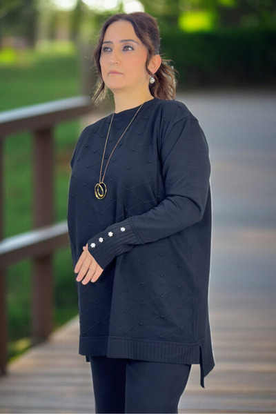 yagmurberen Baklava Patterned Polka Dots Stone Detail Tunic with Elastic Waist Pants Plus Size Merceerized Set