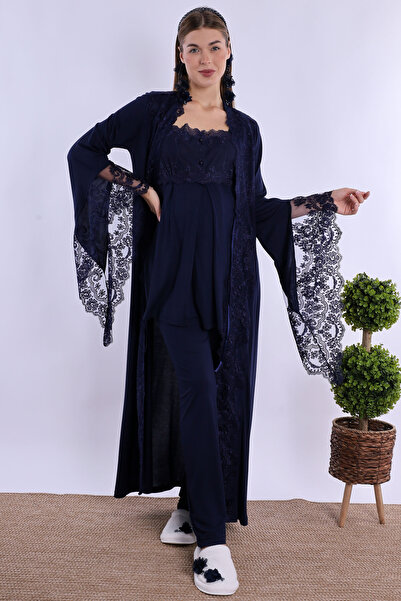 ByLohusa Effortt Navy Blue Maternity Pajama Set with Dressing Gown