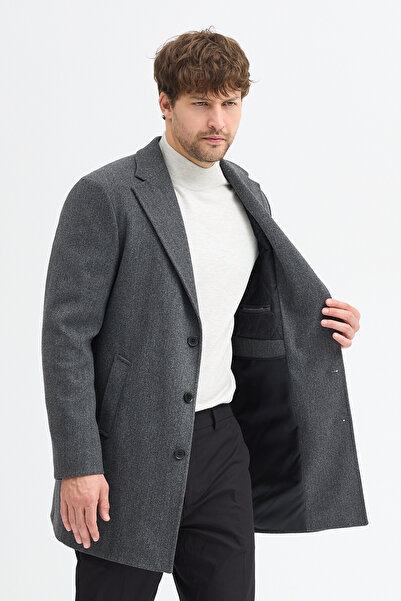 Frappoli Grande Men's Smoked Jacket Collar Slim Fit Cashmere Coat