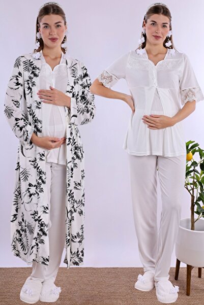 ByLohusa Effortt Ecru Maternity Pajama Set with Dressing Gown