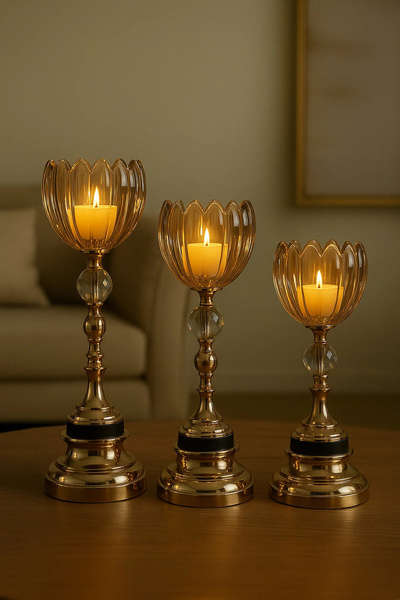 GenelTedarik Gold Detaylı Kristal Detaylı Lotus Desenli Cam Şamdan 3’lü Set Salon Yemek Masası Dekor Mumluk