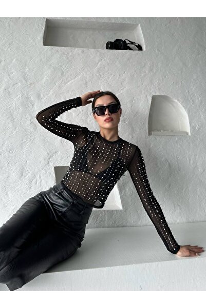 cemo Black Women's Bodysuit with Shiny Stone Detail Tulle